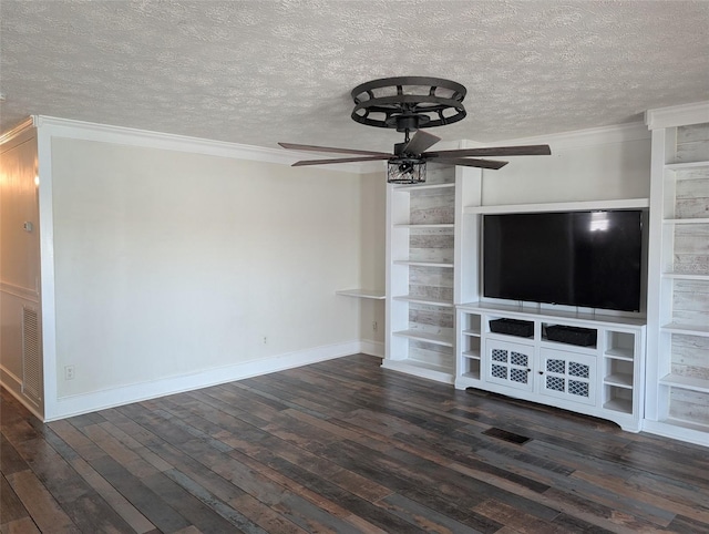 unfurnished living room with a textured ceiling, dark hardwood / wood-style flooring, and ornamental molding