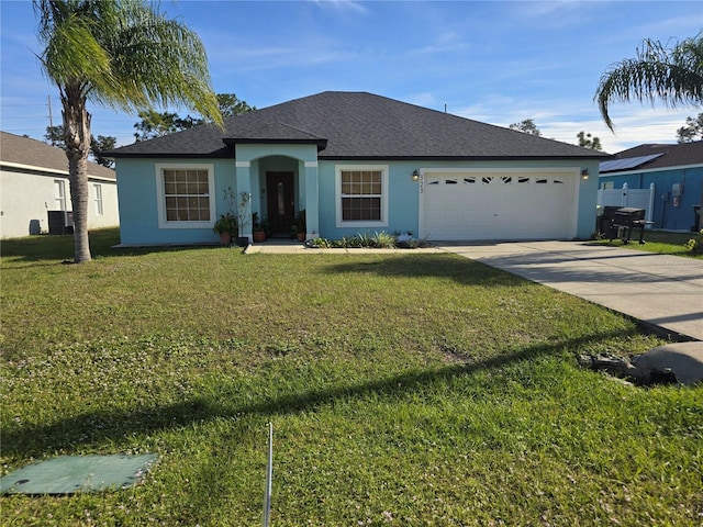 single story home with central AC unit, a garage, and a front lawn