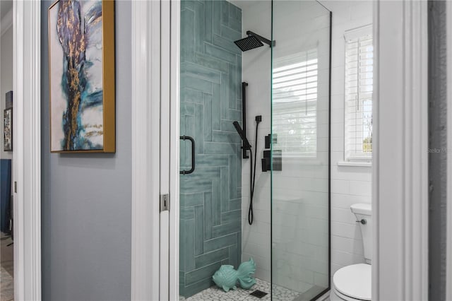 bathroom with toilet and an enclosed shower