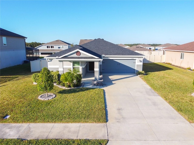 ranch-style home featuring a front yard and a garage