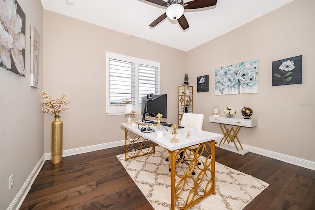 home office featuring ceiling fan and dark hardwood / wood-style flooring