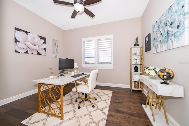 office with ceiling fan and dark hardwood / wood-style floors