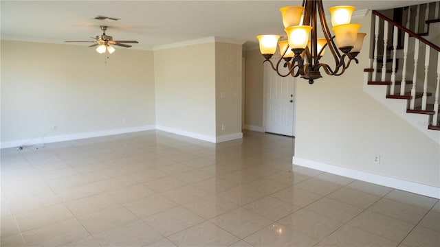 tiled empty room featuring ceiling fan with notable chandelier and ornamental molding