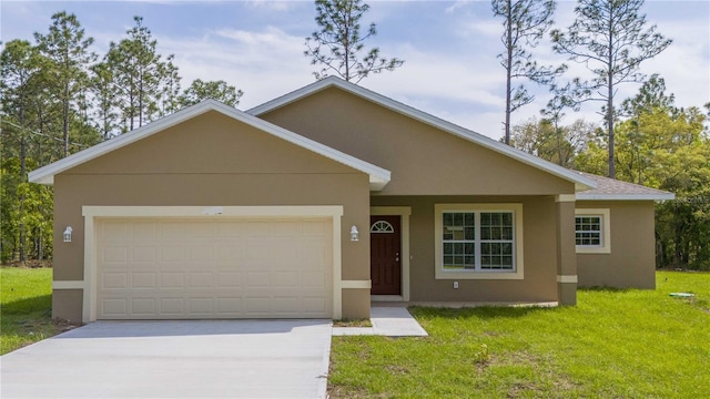 ranch-style home featuring a front lawn and a garage