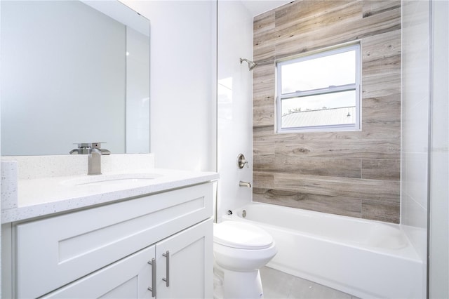 full bathroom featuring tiled shower / bath combo, wood walls, toilet, and vanity