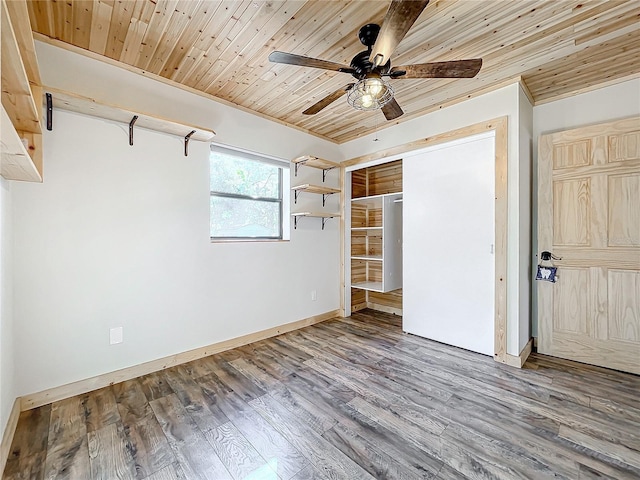 unfurnished bedroom featuring ceiling fan, wood-type flooring, and wood ceiling