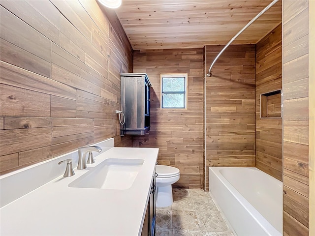 full bathroom featuring vanity, wood walls, toilet, wood ceiling, and tub / shower combination