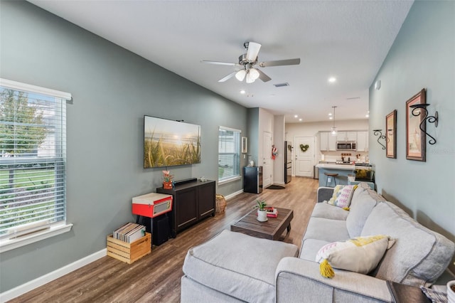 living room featuring ceiling fan, a wealth of natural light, and hardwood / wood-style flooring