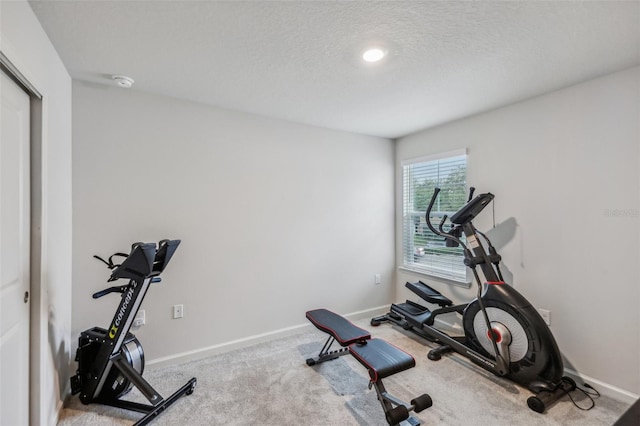 exercise area with a textured ceiling and carpet flooring