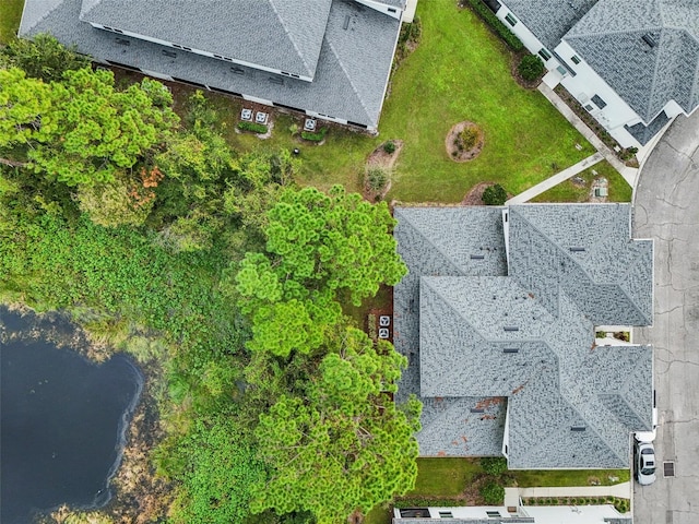 bird's eye view with a water view