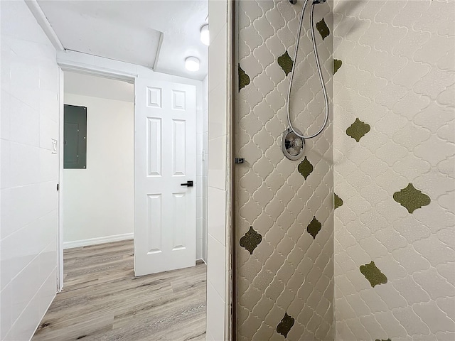 bathroom featuring electric panel and hardwood / wood-style floors