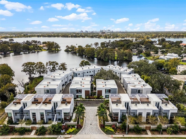 drone / aerial view featuring a water view