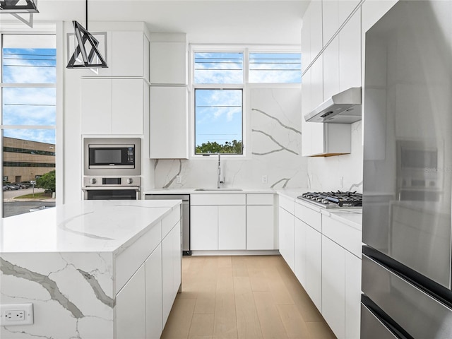 kitchen with sink, stainless steel appliances, range hood, decorative light fixtures, and white cabinets