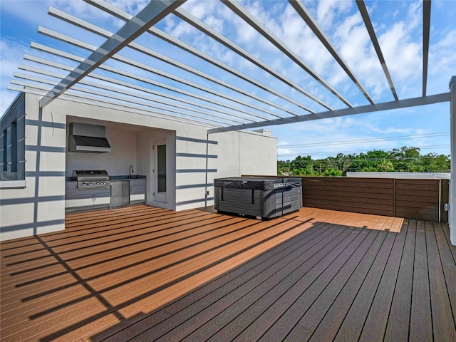 wooden terrace featuring a grill, area for grilling, and a pergola