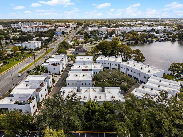 drone / aerial view featuring a water view