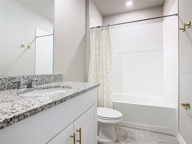 full bathroom with tile patterned floors, vanity, toilet, and shower / bathtub combination with curtain