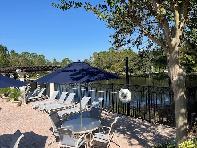 view of patio featuring a water view