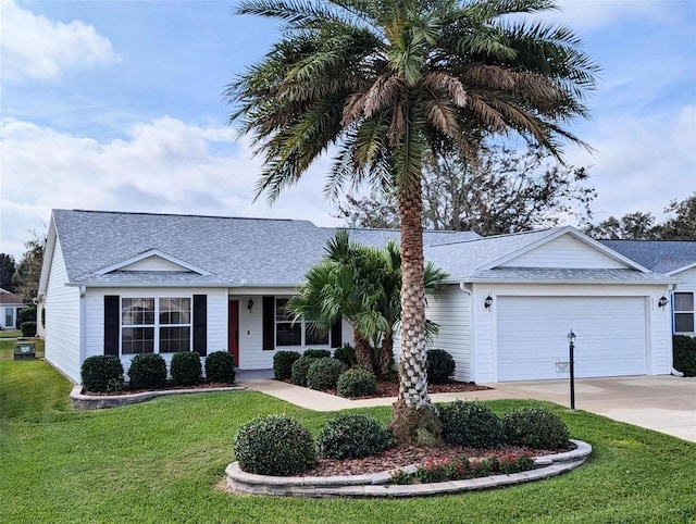 single story home with a garage and a front yard