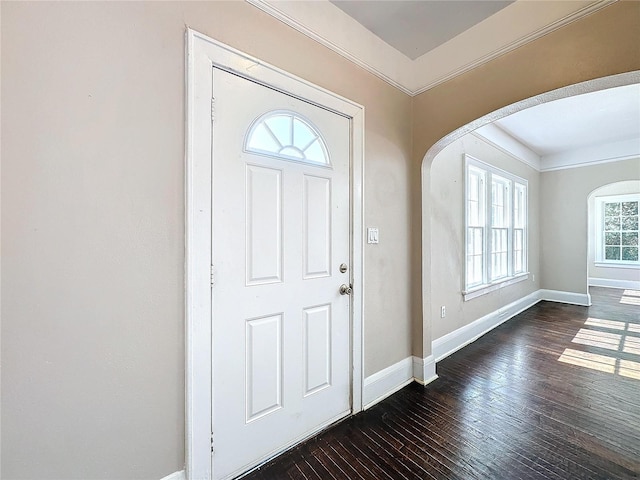 foyer featuring a healthy amount of sunlight, dark hardwood / wood-style flooring, and crown molding