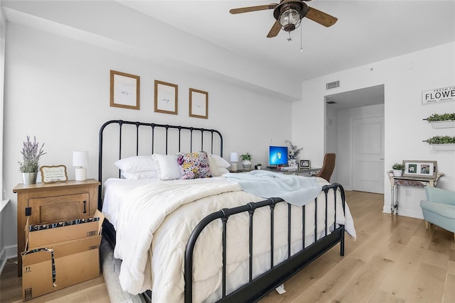 bedroom featuring ceiling fan and light hardwood / wood-style flooring