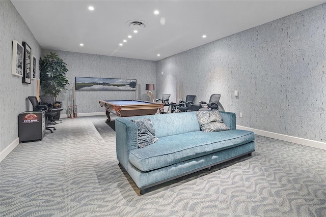 recreation room featuring carpet floors and billiards