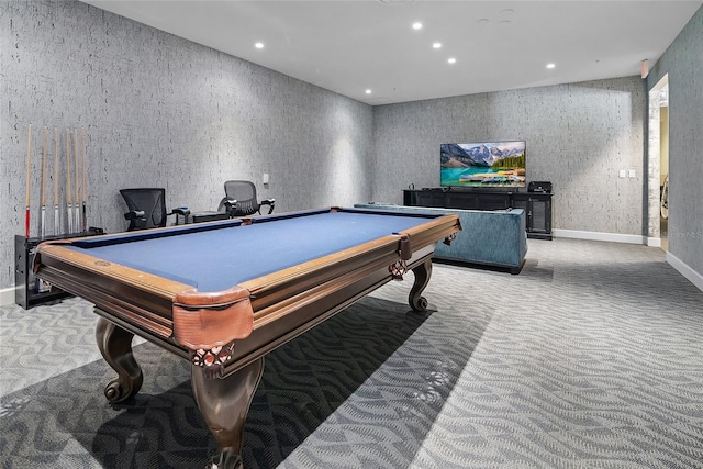 game room featuring light carpet and billiards