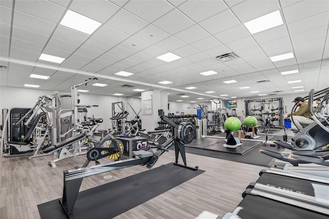 gym featuring a paneled ceiling and light hardwood / wood-style flooring