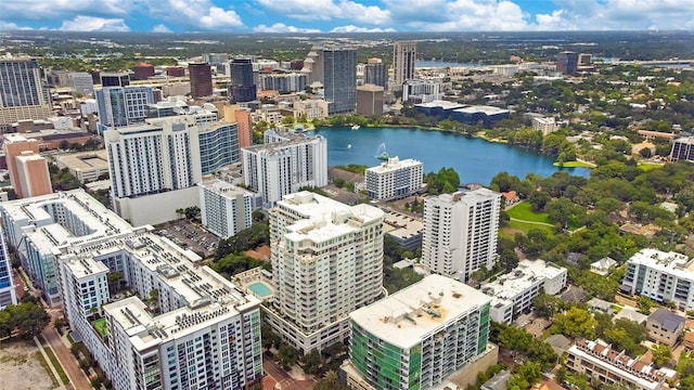 bird's eye view with a water view