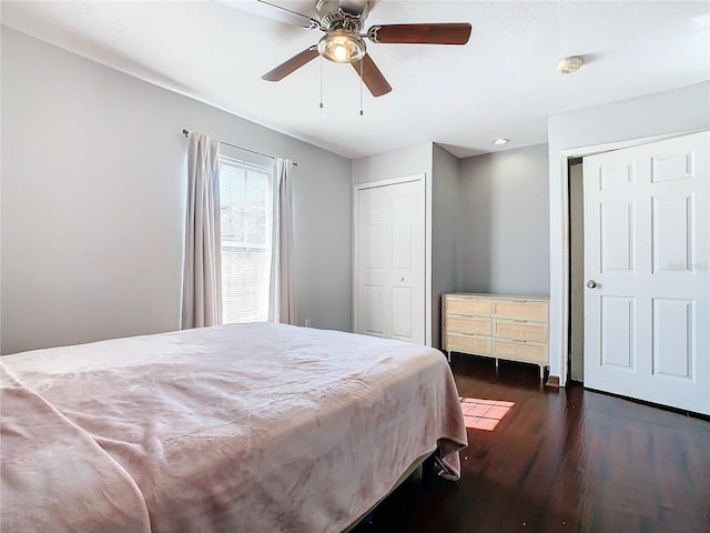 bedroom featuring ceiling fan, dark hardwood / wood-style flooring, and a closet