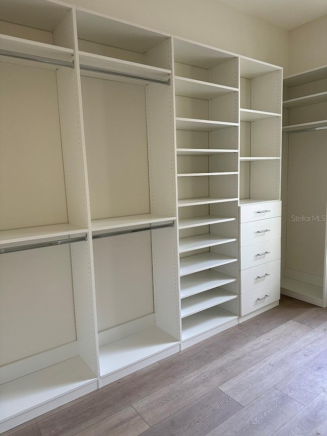 walk in closet with light wood finished floors