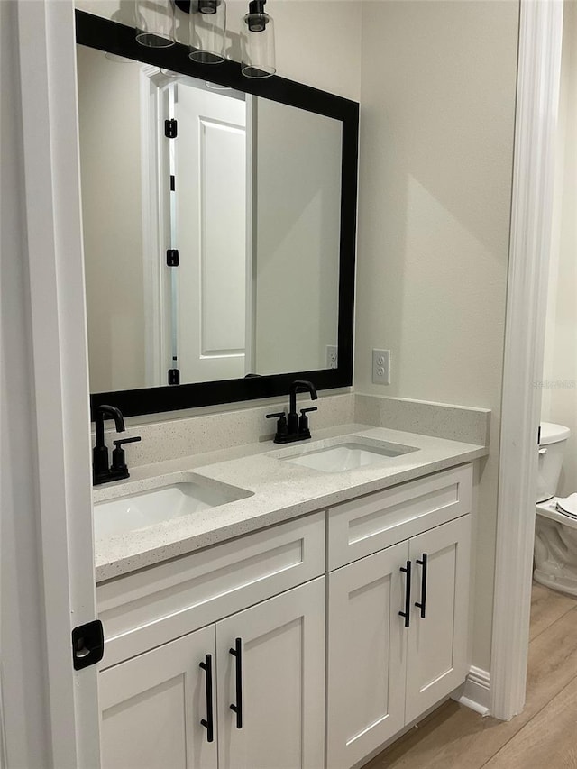 bathroom featuring double vanity, wood finished floors, toilet, and a sink