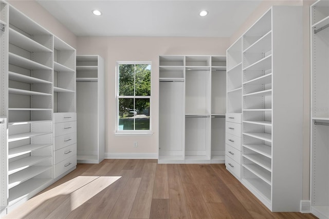 walk in closet with wood finished floors