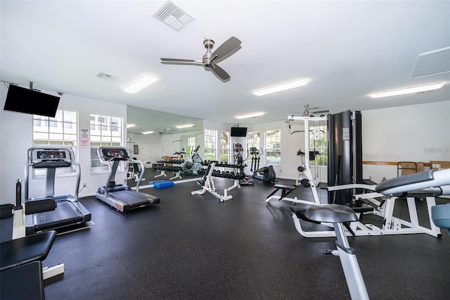 gym featuring ceiling fan