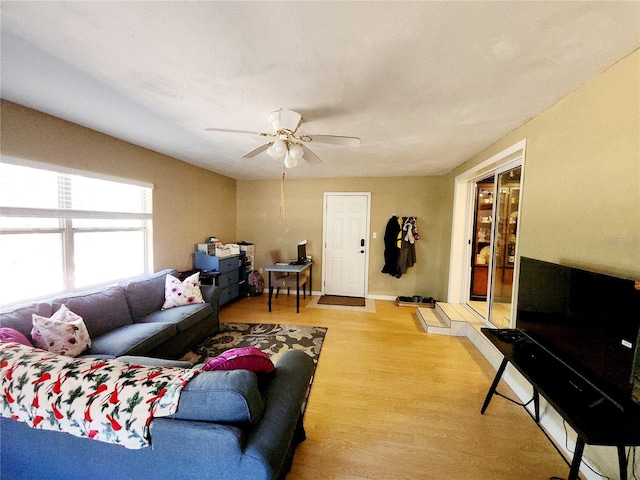 living room with light hardwood / wood-style floors and ceiling fan