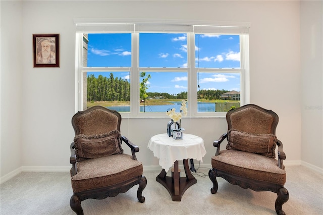 living area with light colored carpet and a water view