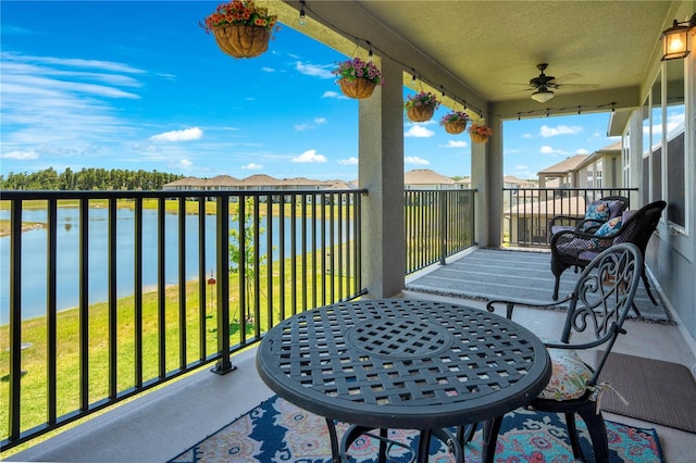 balcony featuring ceiling fan and a water view