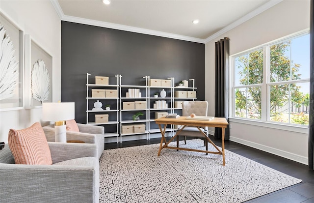 office space with crown molding and dark wood-type flooring