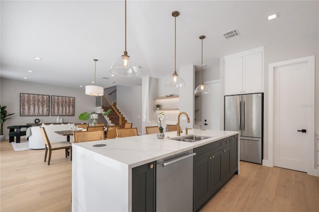 kitchen with pendant lighting, sink, an island with sink, appliances with stainless steel finishes, and white cabinetry