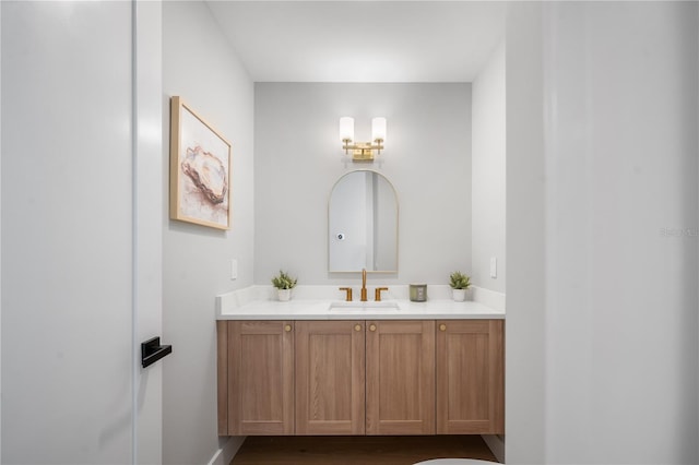 bathroom with hardwood / wood-style floors and vanity