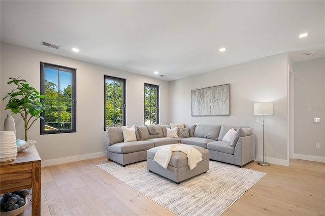 living room with light hardwood / wood-style flooring