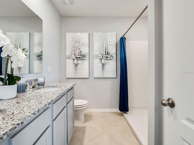 bathroom with tile patterned flooring, vanity, toilet, and walk in shower