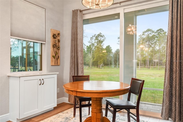 dining room with light hardwood / wood-style flooring, plenty of natural light, and a notable chandelier