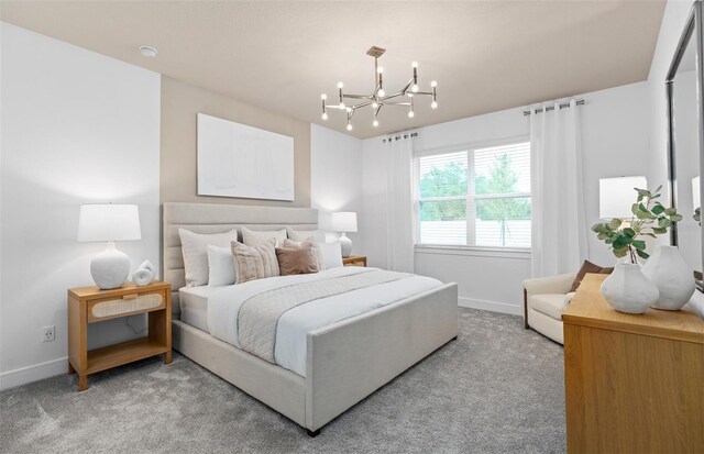 carpeted bedroom with an inviting chandelier