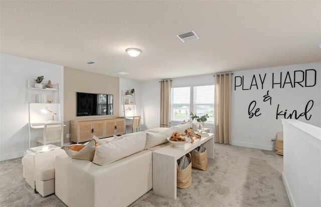 carpeted living room with a textured ceiling