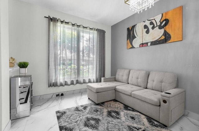 living room with a chandelier