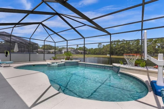 view of swimming pool with an in ground hot tub, a patio, a water view, and glass enclosure