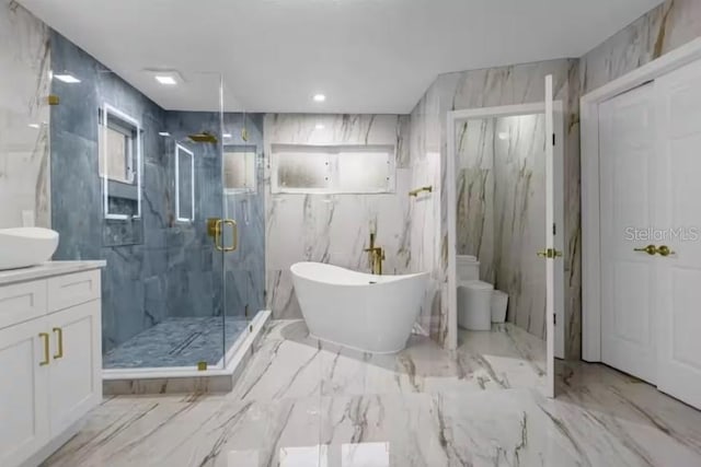 full bathroom featuring toilet, vanity, tile walls, and shower with separate bathtub