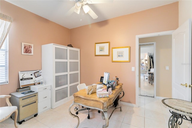 tiled office with ceiling fan