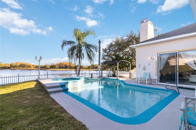 view of swimming pool featuring a water view, a yard, an in ground hot tub, and a patio area