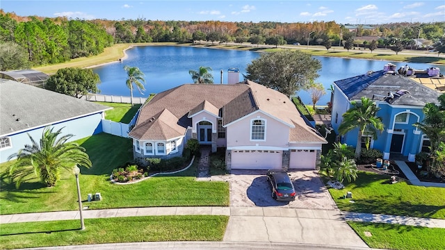 aerial view featuring a water view